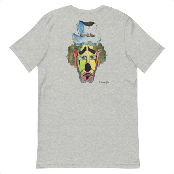 Back of the Frown Tee in Athletic Heather with Alan Rospo’s Frown clown artwork.