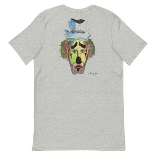 Back of the Frown Tee in Athletic Heather with Alan Rospo’s Frown clown artwork.